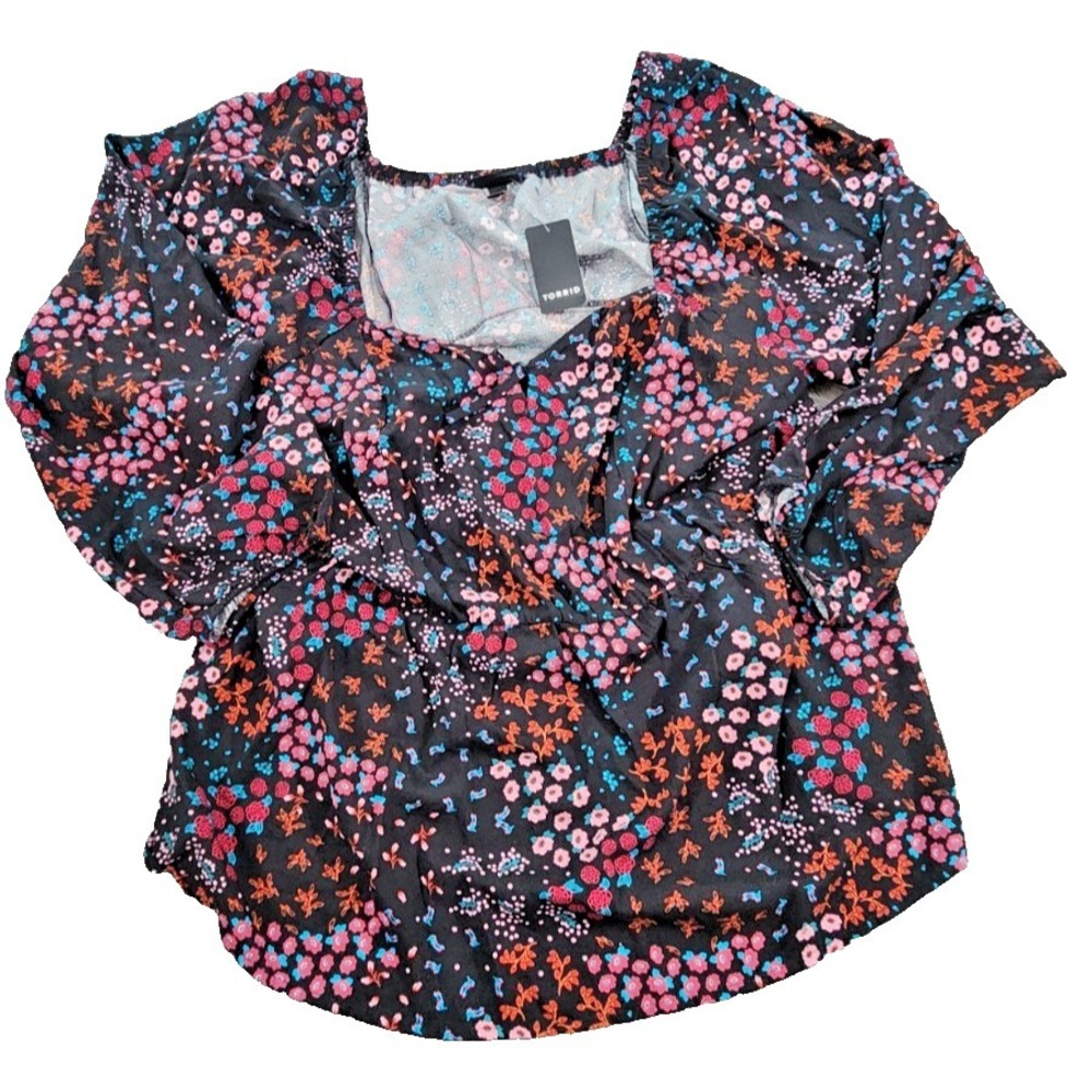 Torrid Black Pink Blue Floral Square Neck Long Sleeve Blouse Plus Size 3